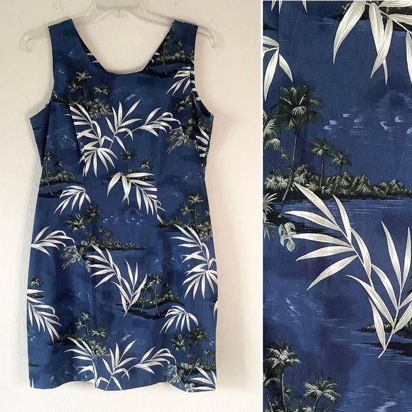 VINTAGE Hawaiian Sheath Dress Sleeveless Tropical Blue Tiki Luau Vacation XL - Picture 1 of 9